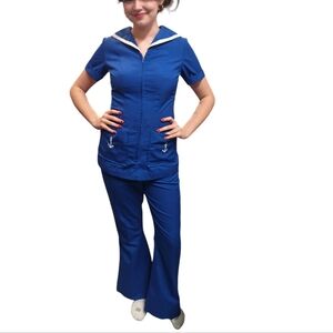 1970 Sailor 2 Piece Blue Pantsuit Sailor Collar Short Sleeve Bell Botom Pants